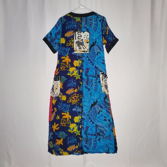 La Cera Crinkle Button Front Dress Medium Patchwork Pocket Artsy Shabby Chic - Picture 2 of 10